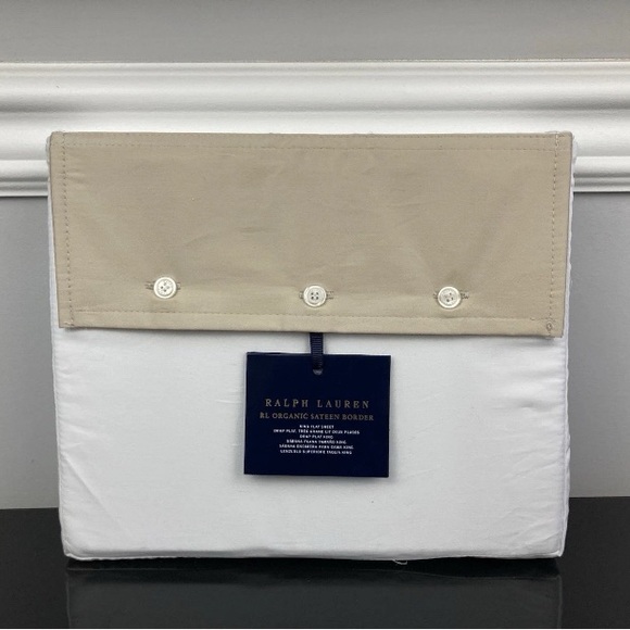 Ralph Lauren RL Organic Sateen Border Flat Sheet White‎ / Coastal Sand KING - Picture 1 of 4